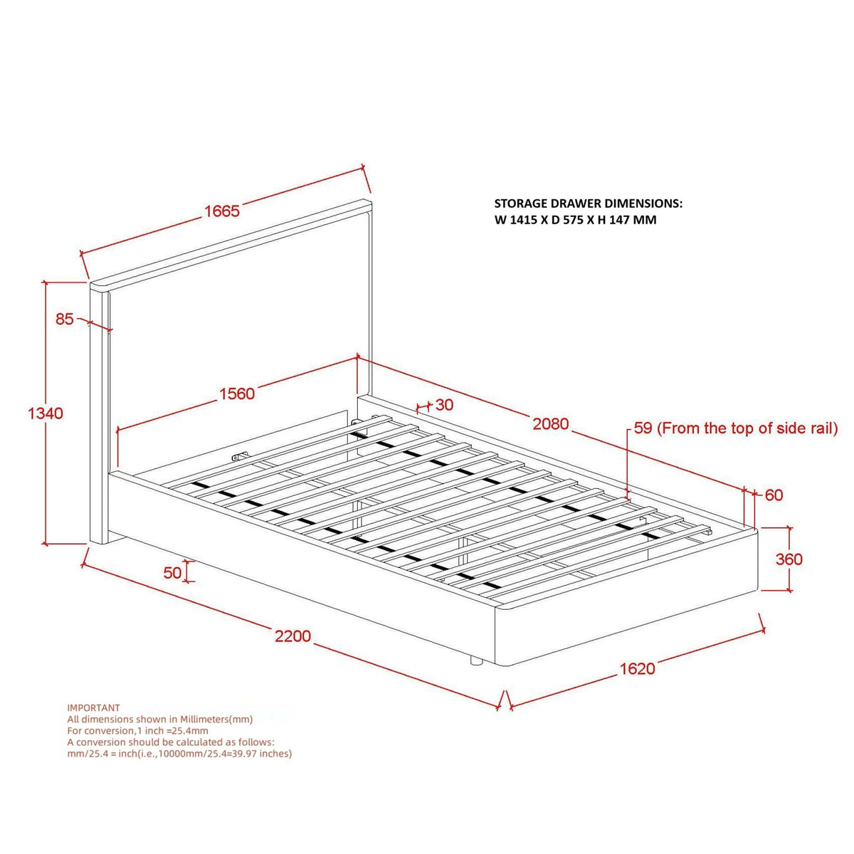 Andover 60" Queen Platform Bed with Drawer in Oat