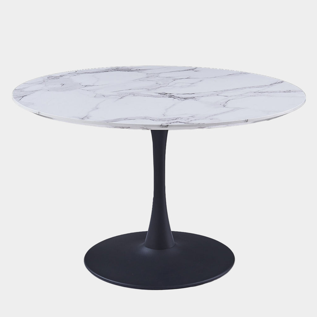 Zilo 48" Round Dining Table in White Faux Marble and Black