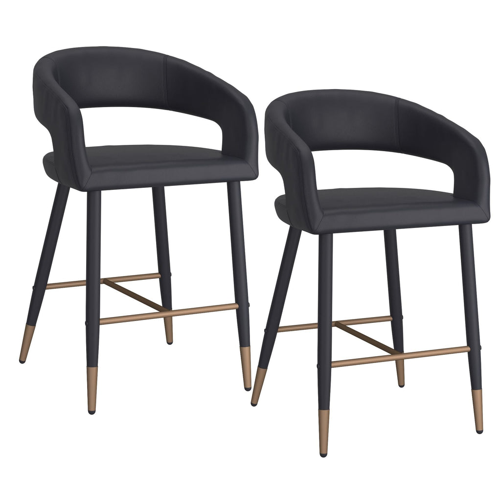 Crimson 26" Counter Stool, set of 2, in Black Faux Leather and Black and Aged Gold