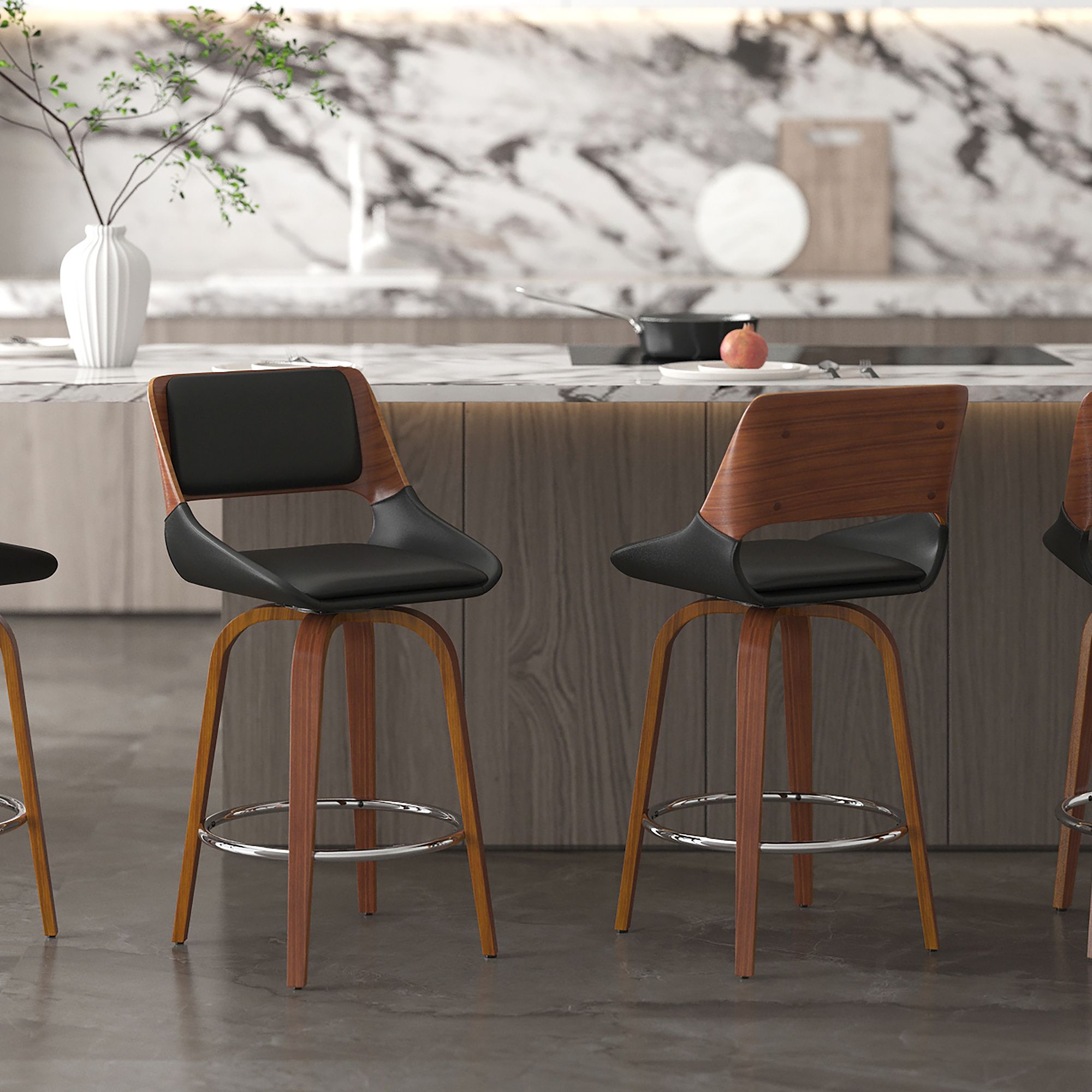 Hudson 26" Counter Stool with Swivel in Black Faux Leather and Walnut