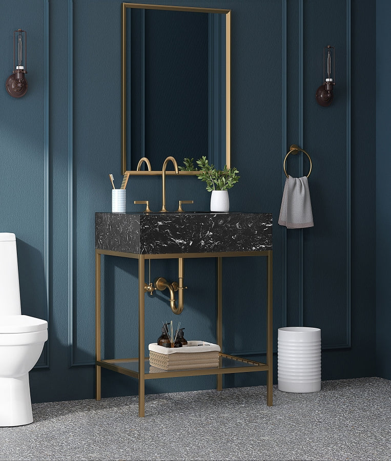 Marmo Engineered Stone Top, Brushed Gold And Glass Base Vanity