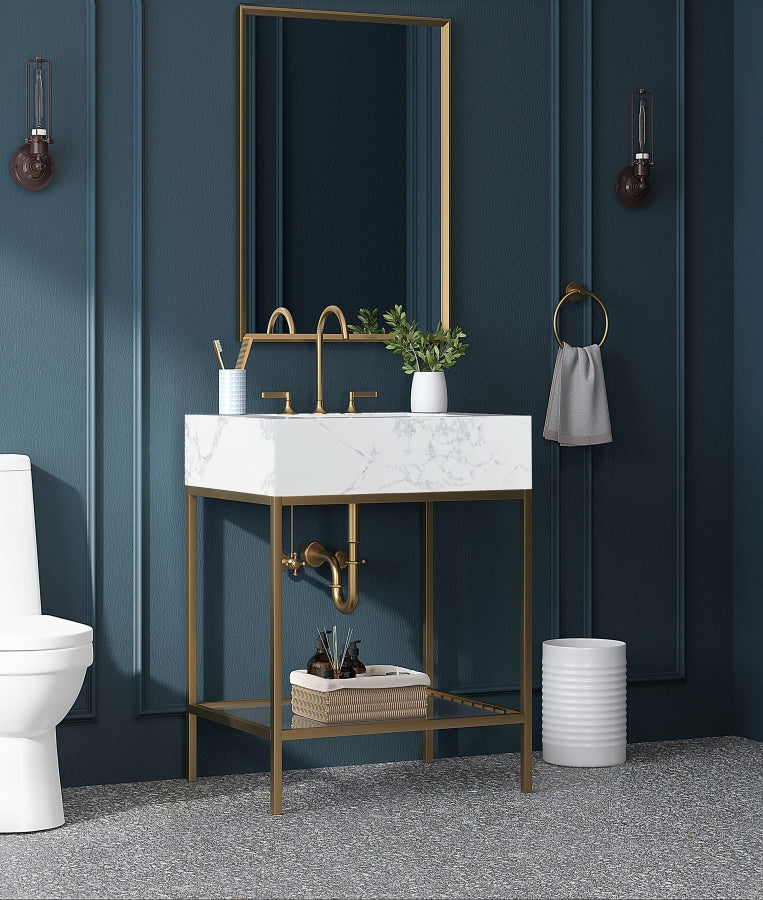 Marmo Engineered Stone Top, Brushed Gold And Glass Base Vanity
