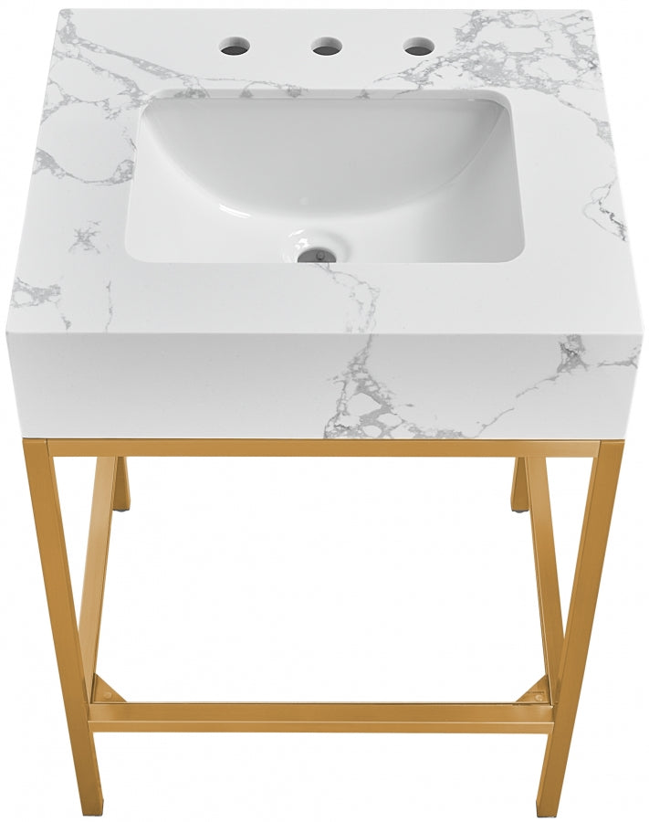 Marmo Engineered Stone Top, Brushed Gold And Glass Base Vanity