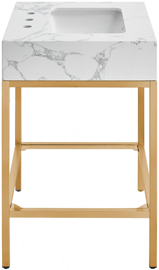 Marmo Engineered Stone Top, Brushed Gold And Glass Base Vanity