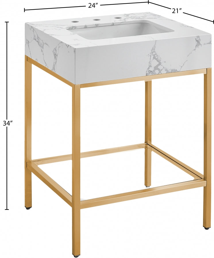 Marmo Engineered Stone Top, Brushed Gold And Glass Base Vanity