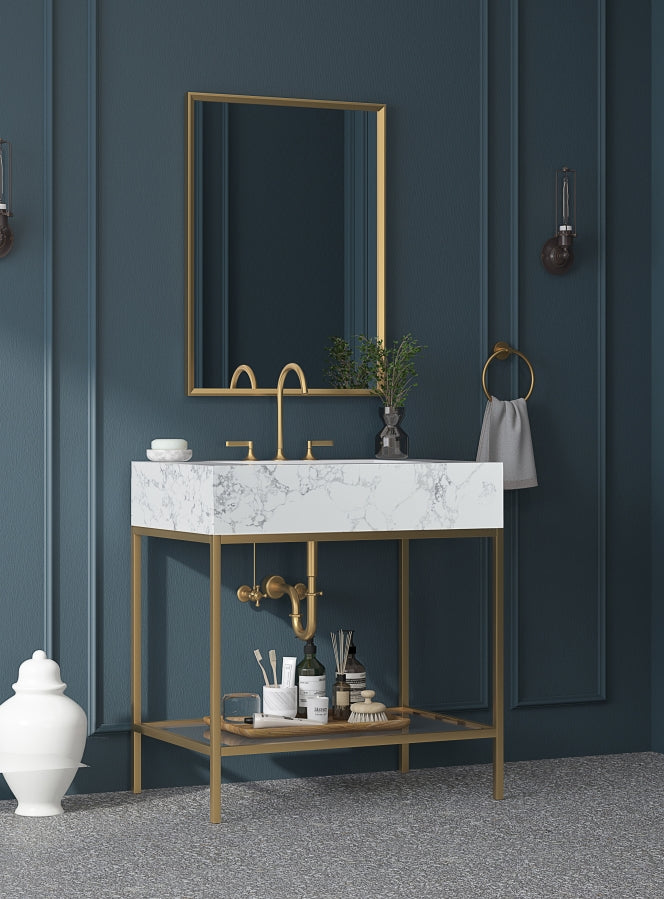 Marmo Engineered Stone Top, Brushed Gold And Glass Base Vanity