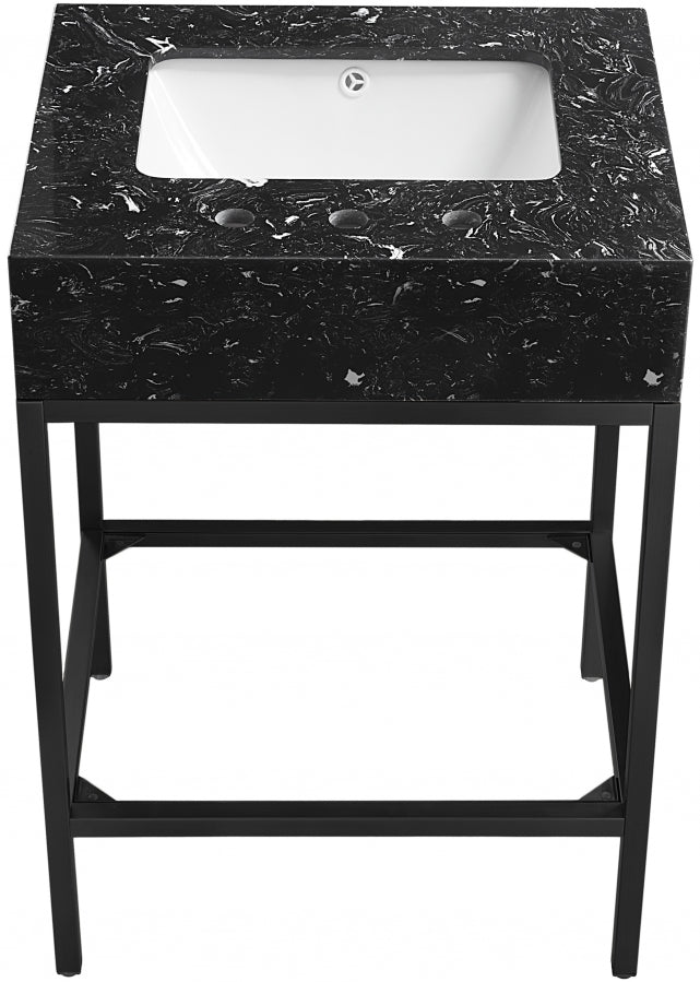 Marmo Engineered Stone Top and Matte Black Base, Steel And Glass Base Vanity