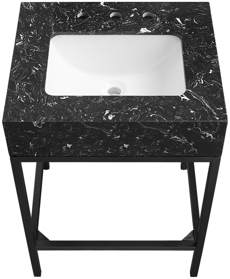 Marmo Engineered Stone Top and Matte Black Base, Steel And Glass Base Vanity