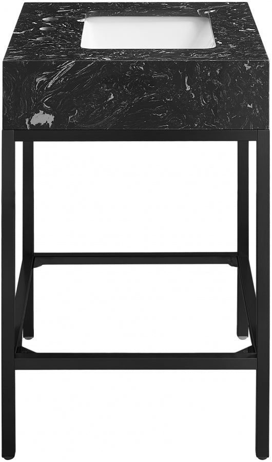 Marmo Engineered Stone Top and Matte Black Base, Steel And Glass Base Vanity