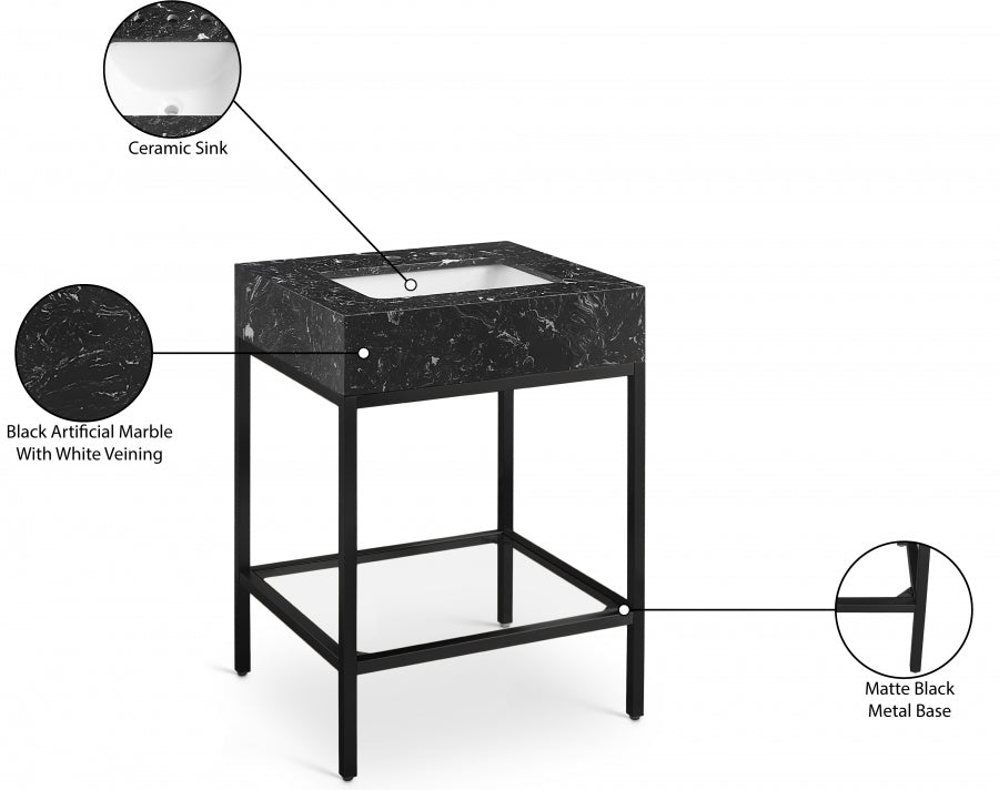 Marmo Engineered Stone Top and Matte Black Base, Steel And Glass Base Vanity