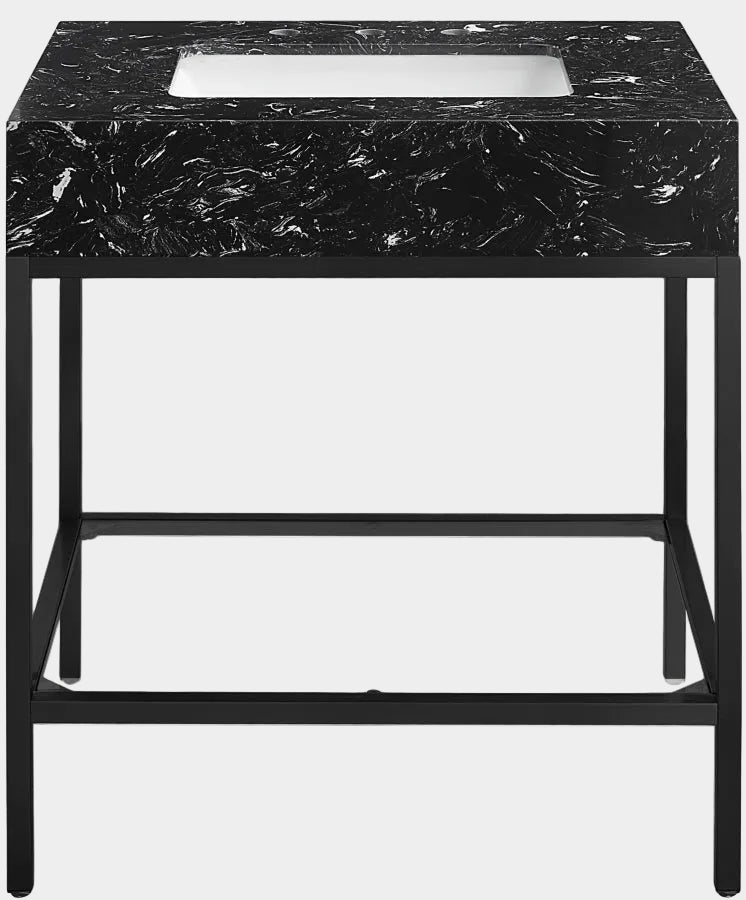 Marmo Engineered Stone Top and Matte Black Base, Steel And Glass Base Vanity