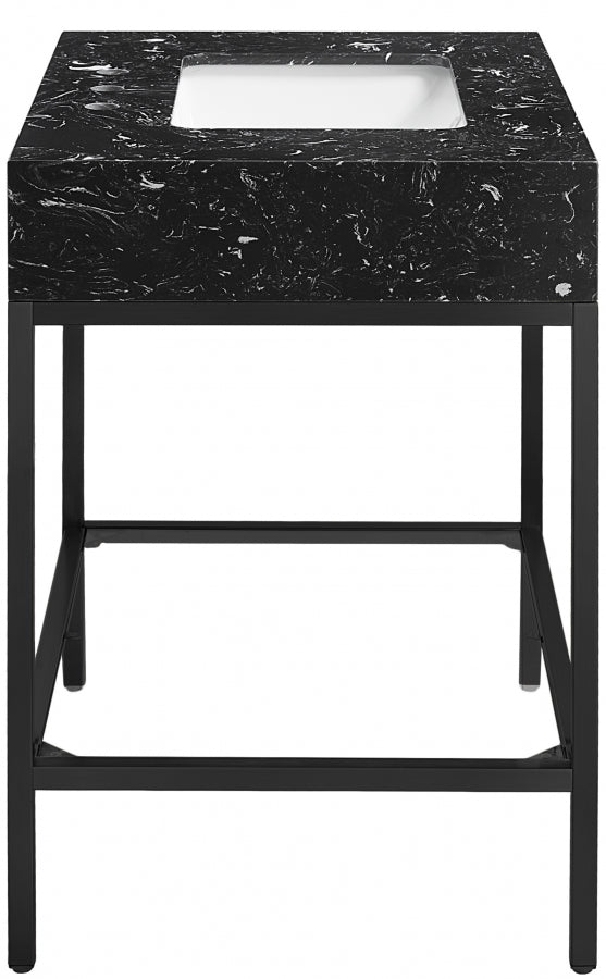 Marmo Engineered Stone Top and Matte Black Base, Steel And Glass Base Vanity