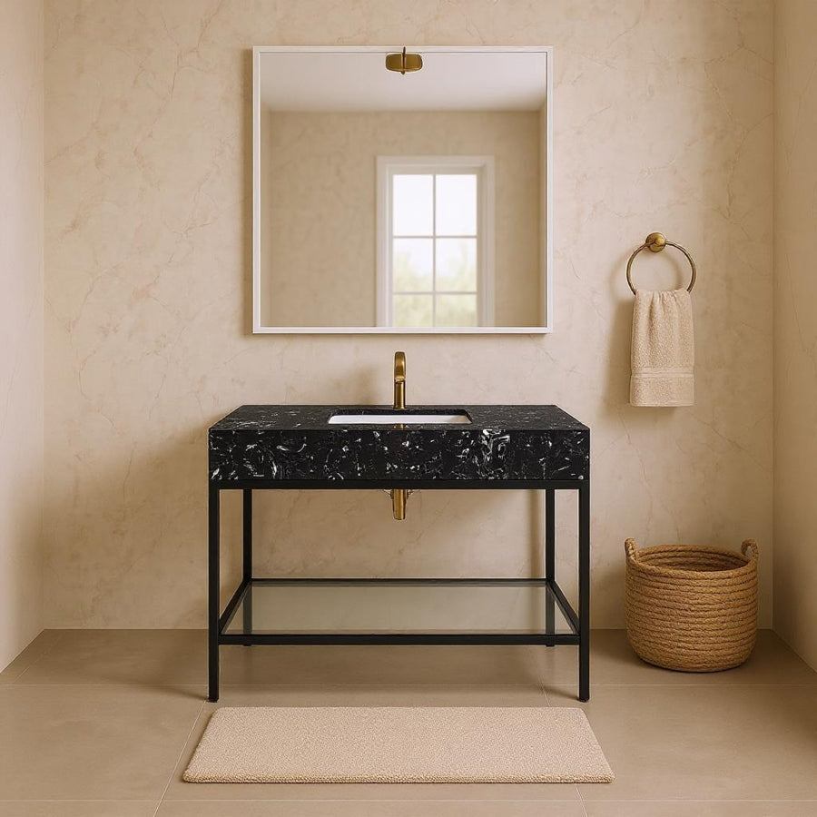 Marmo Engineered Stone Top and Matte Black Base, Steel And Glass Base Vanity