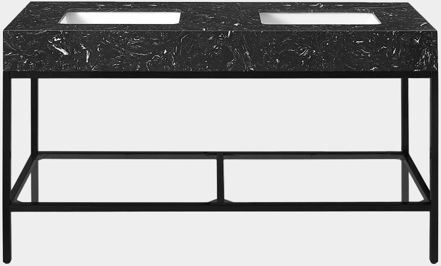 Marmo Engineered Stone Top and Matte Black Base, Steel And Glass Base Vanity