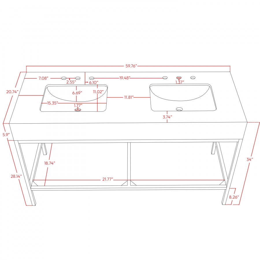 Marmo Engineered Stone Top and Matte Black Base, Steel And Glass Base Vanity