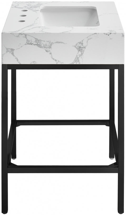 Marmo Engineered Stone Top and Matte Black Base, Steel And Glass Base Vanity