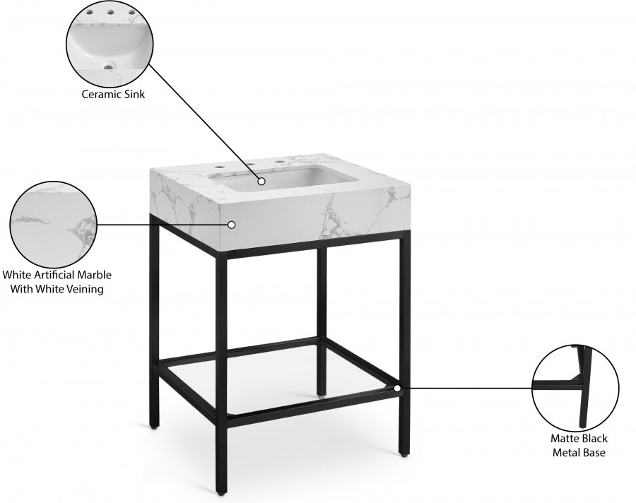 Marmo Engineered Stone Top and Matte Black Base, Steel And Glass Base Vanity