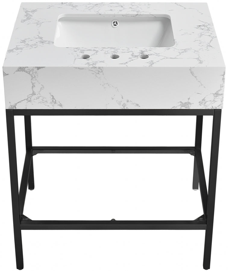 Marmo Engineered Stone Top and Matte Black Base, Steel And Glass Base Vanity