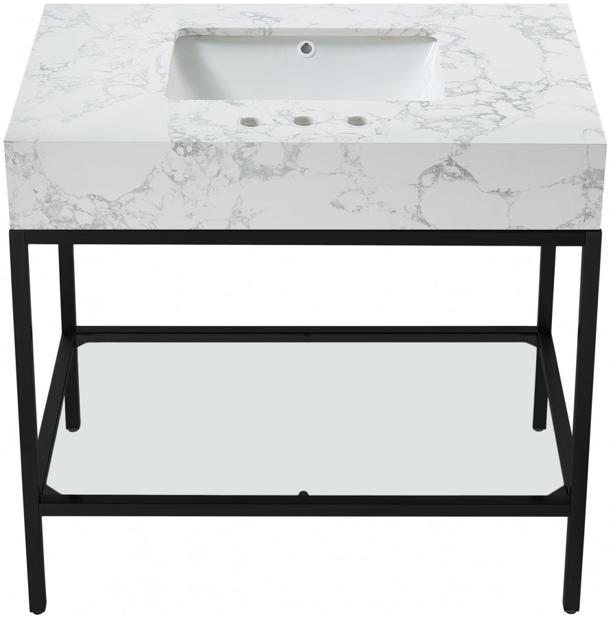 Marmo Engineered Stone Top and Matte Black Base, Steel And Glass Base Vanity