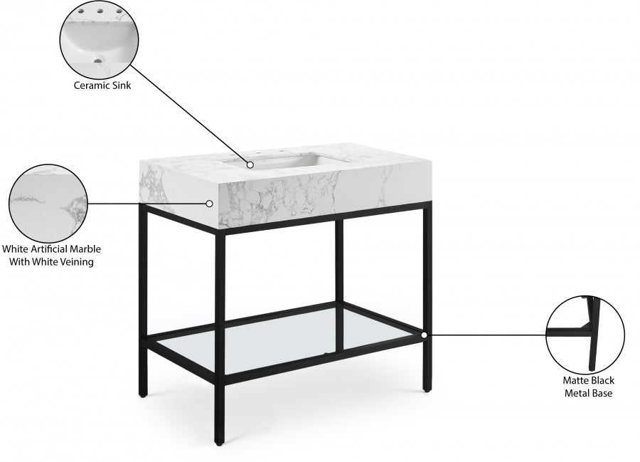 Marmo Engineered Stone Top and Matte Black Base, Steel And Glass Base Vanity