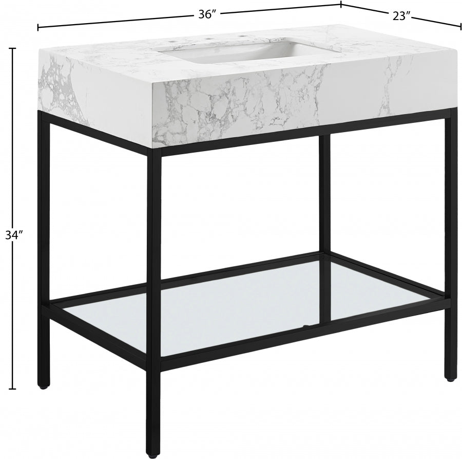 Marmo Engineered Stone Top and Matte Black Base, Steel And Glass Base Vanity