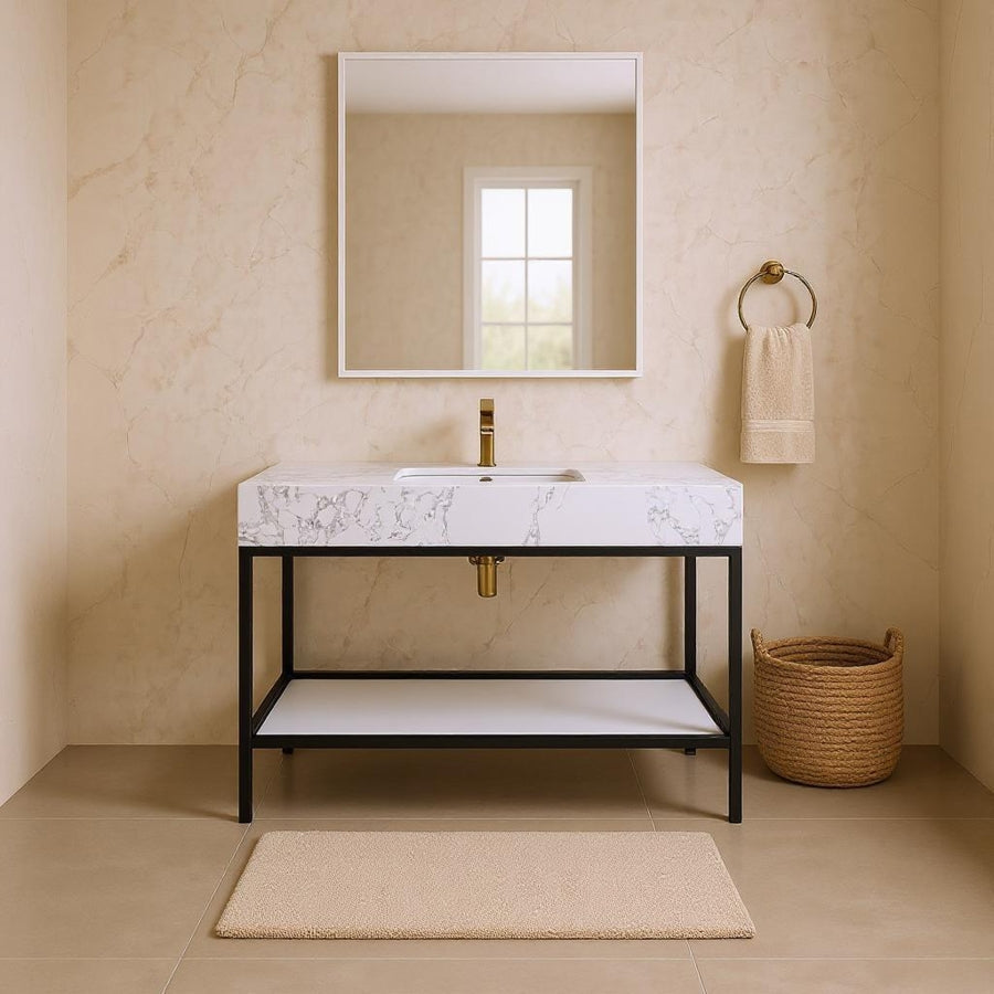 Marmo Engineered Stone Top and Matte Black Base, Steel And Glass Base Vanity