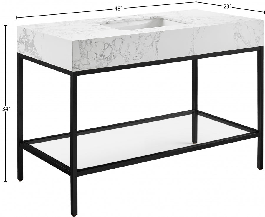 Marmo Engineered Stone Top and Matte Black Base, Steel And Glass Base Vanity