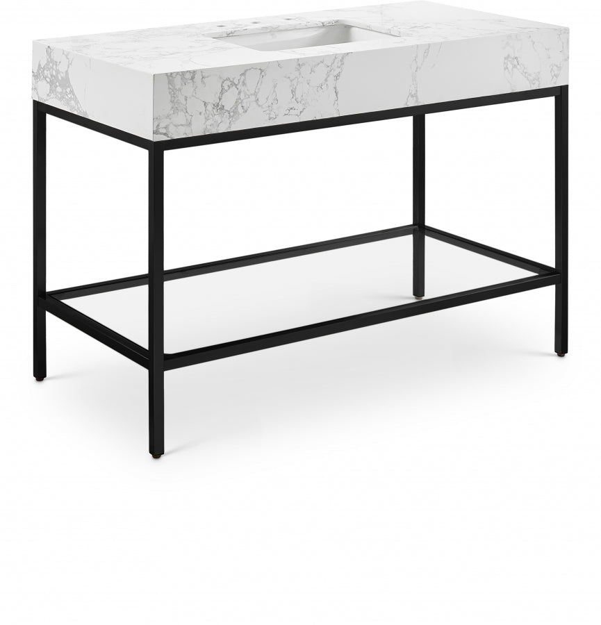 Marmo Engineered Stone Top and Matte Black Base, Steel And Glass Base Vanity