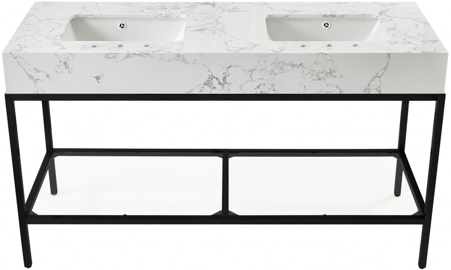 Marmo Engineered Stone Top and Matte Black Base, Steel And Glass Base Vanity