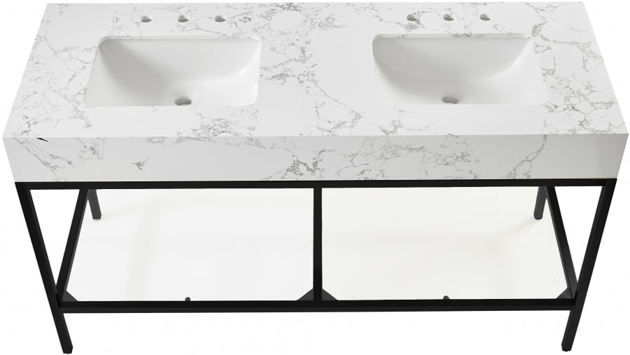 Marmo Engineered Stone Top and Matte Black Base, Steel And Glass Base Vanity