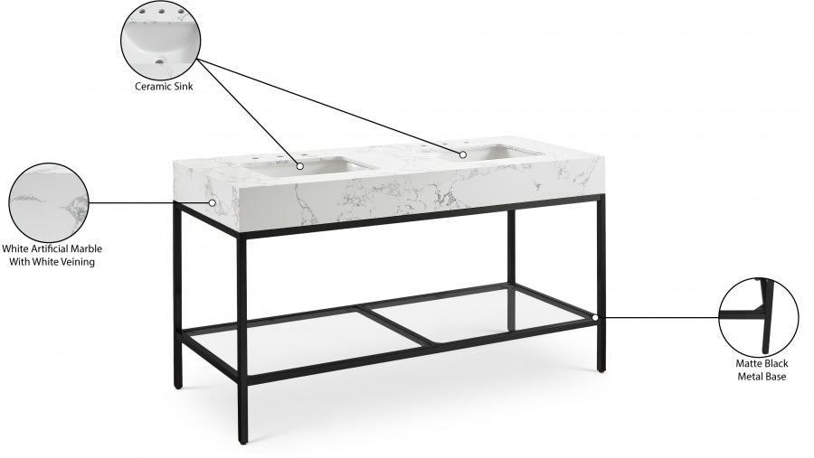 Marmo Engineered Stone Top and Matte Black Base, Steel And Glass Base Vanity