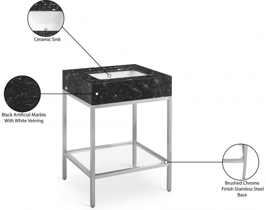 Marmo Engineered Stone Top and Brushed Chrome, Steel And Glass Base Vanity