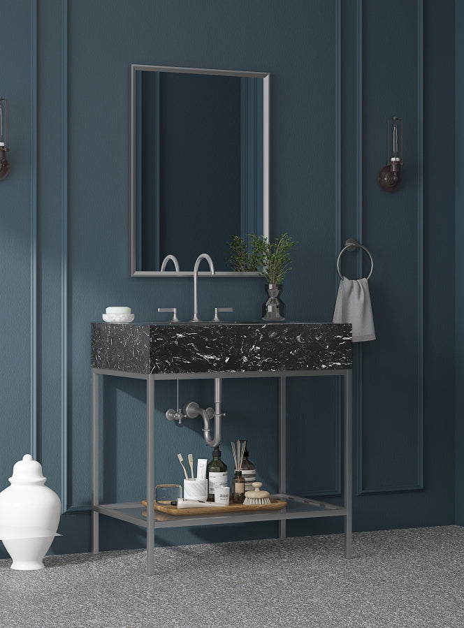 Marmo Engineered Stone Top and Brushed Chrome, Steel And Glass Base Vanity