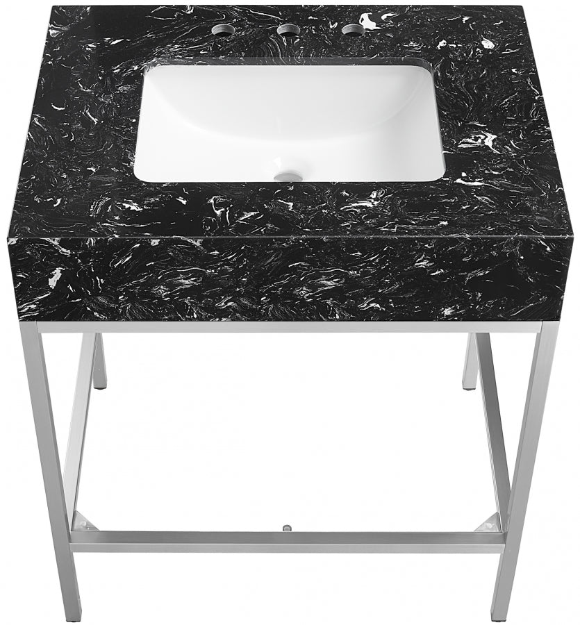 Marmo Engineered Stone Top and Brushed Chrome, Steel And Glass Base Vanity