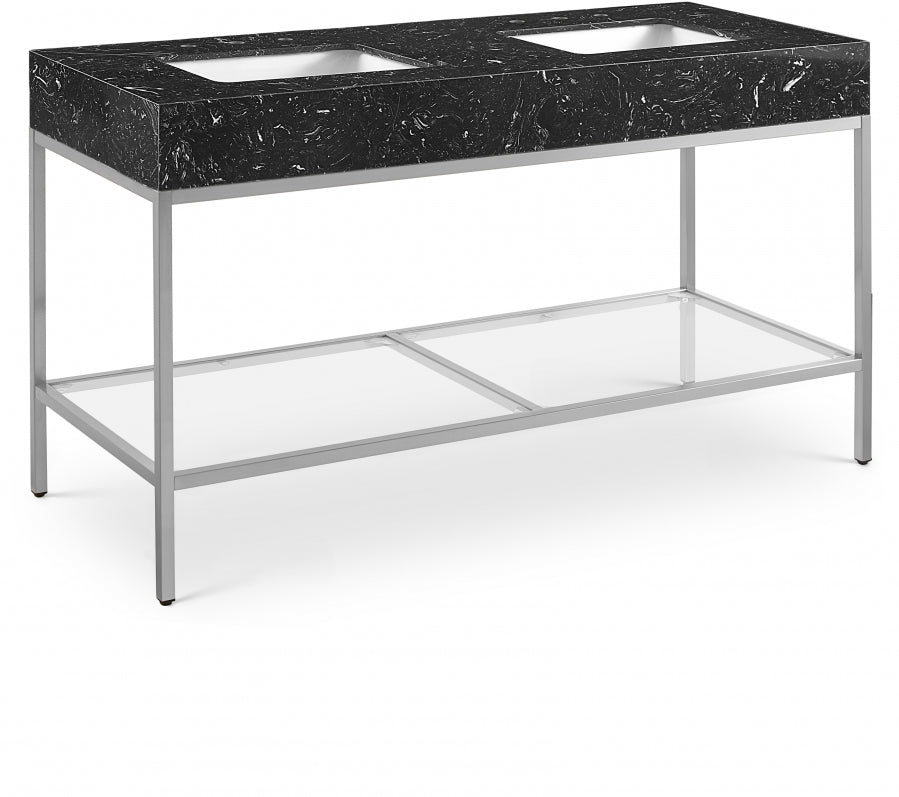 Marmo Engineered Stone Top and Brushed Chrome, Steel And Glass Base Vanity