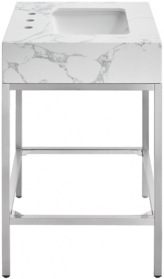 Marmo Engineered Stone Top and Brushed Chrome, Steel And Glass Base Vanity