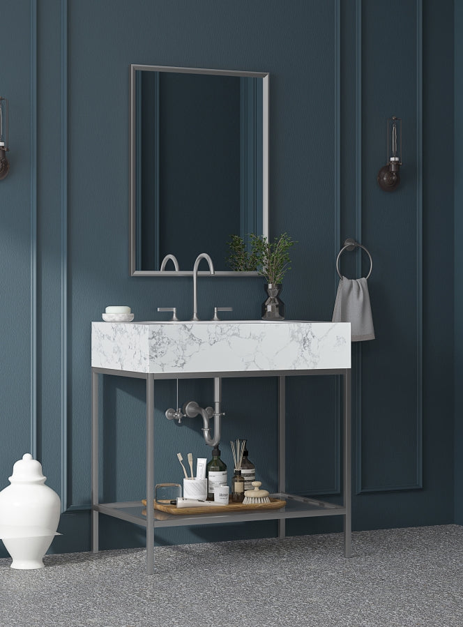 Marmo Engineered Stone Top and Brushed Chrome, Steel And Glass Base Vanity