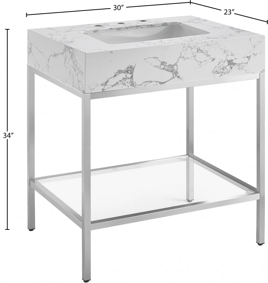 Marmo Engineered Stone Top and Brushed Chrome, Steel And Glass Base Vanity