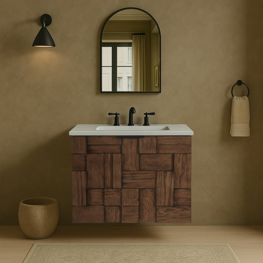 Leonardo White Engineered Stone And Solid Wood Wall Mounted Bathroom Vanity