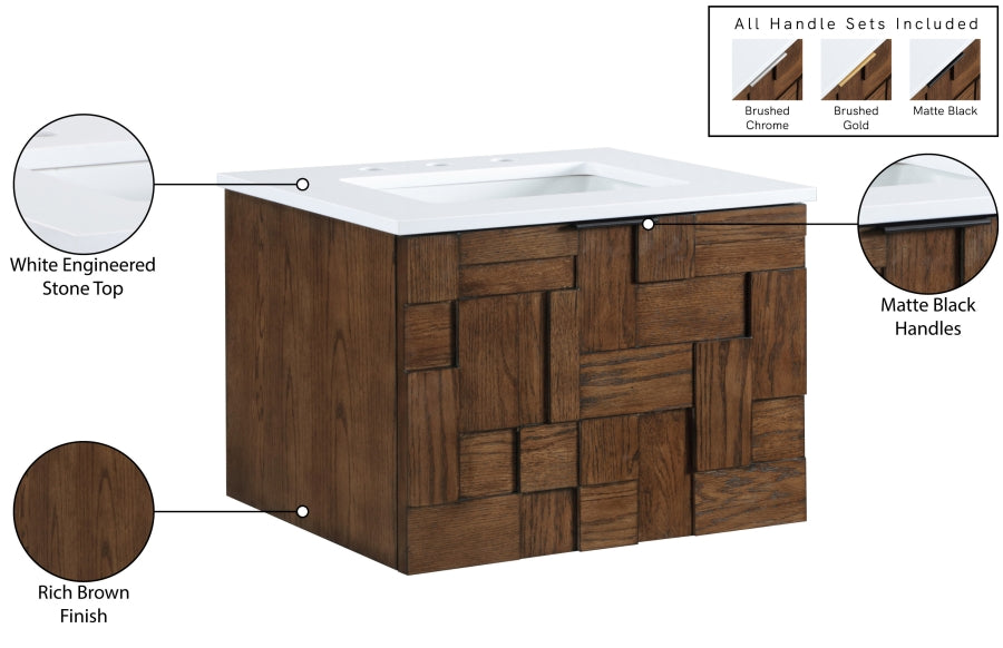 Leonardo White Engineered Stone And Solid Wood Wall Mounted Bathroom Vanity