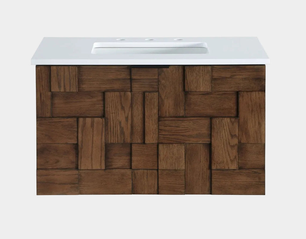 Leonardo White Engineered Stone And Solid Wood Wall Mounted Bathroom Vanity