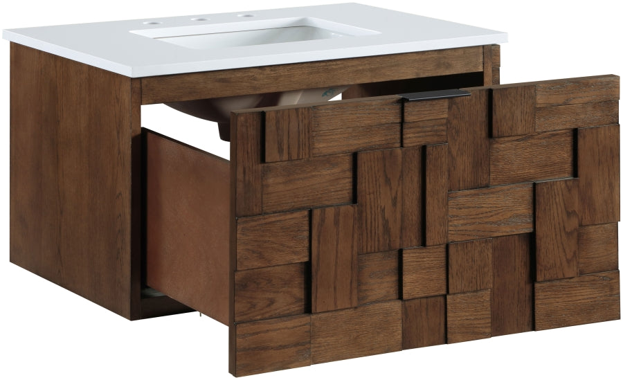 Leonardo White Engineered Stone And Solid Wood Wall Mounted Bathroom Vanity