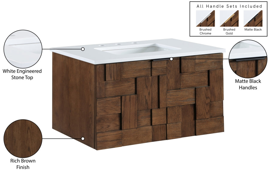 Leonardo White Engineered Stone And Solid Wood Wall Mounted Bathroom Vanity