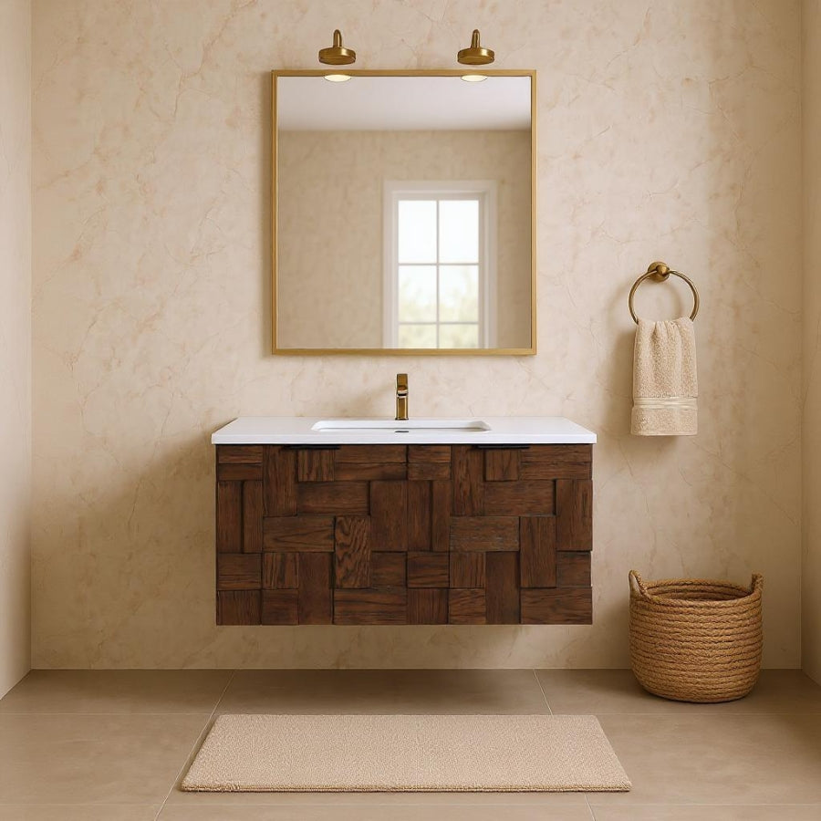 Leonardo White Engineered Stone And Solid Wood Wall Mounted Bathroom Vanity