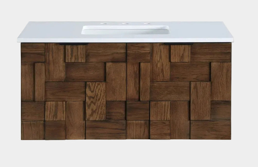 Leonardo White Engineered Stone And Solid Wood Wall Mounted Bathroom Vanity