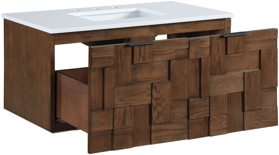 Leonardo White Engineered Stone And Solid Wood Wall Mounted Bathroom Vanity