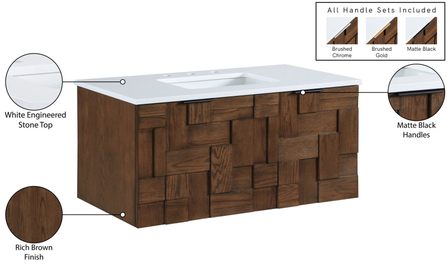 Leonardo White Engineered Stone And Solid Wood Wall Mounted Bathroom Vanity