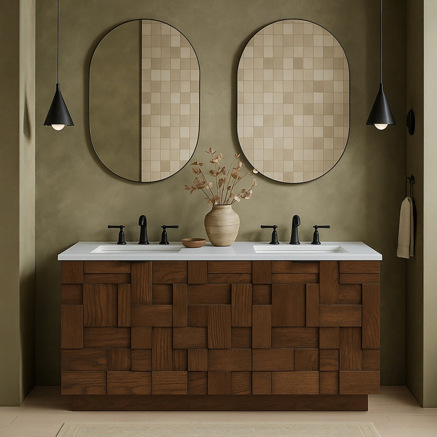 Leonardo White Engineered Stone And Solid Wood Wall Mounted Bathroom Vanity