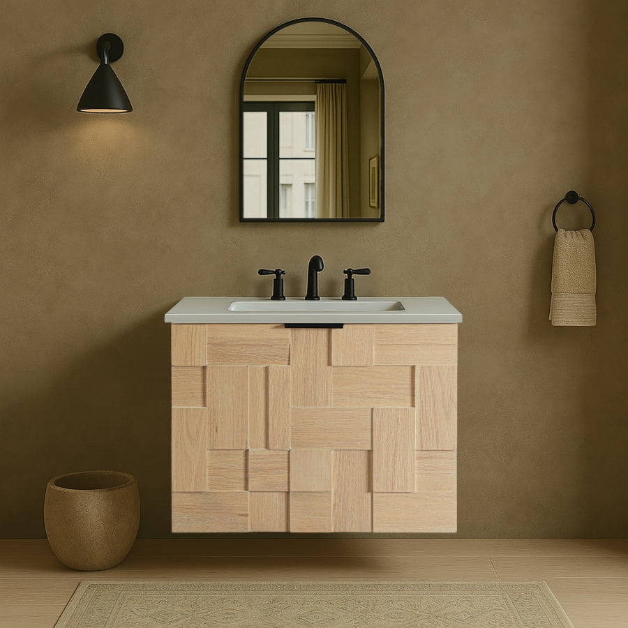 Leonardo White Engineered Stone And Solid Wood Wall Mounted Bathroom Vanity