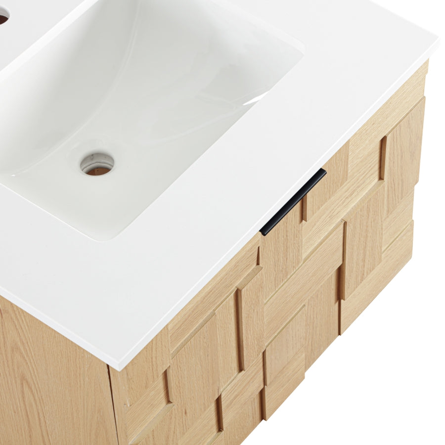 Leonardo White Engineered Stone And Solid Wood Wall Mounted Bathroom Vanity